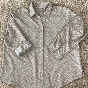 Chico’s taupe/white button down blouse.  Size 3 (XL).  Long or rolled tab sleeve